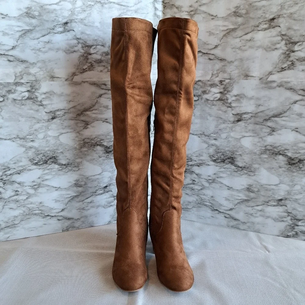 Faux Suede Over The Knee Block Heeled Stretch Boots Camel Full Lace-Up Back‎ 8